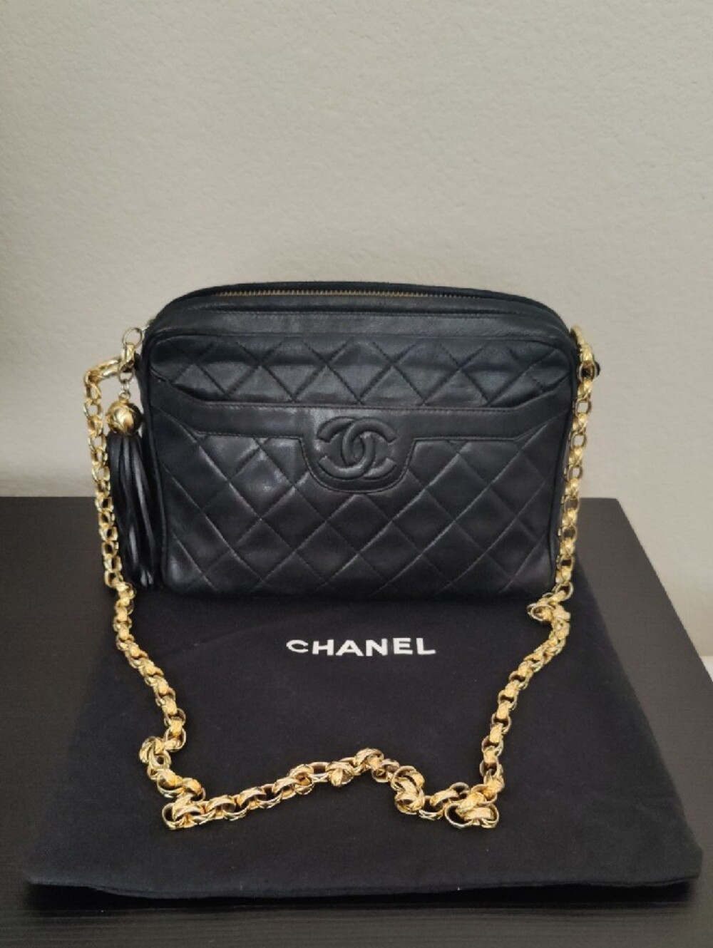 Authentic CHANEL Black Quilted Leather Shoulder Bag with Gold Chain and Tassel - Picture 2 of 12